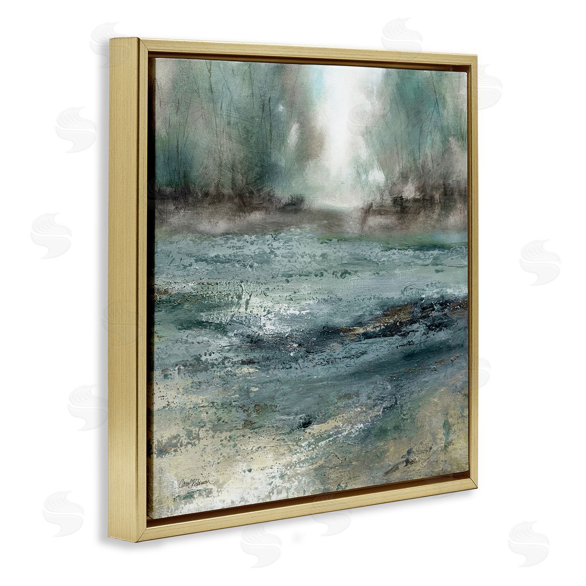 Carol Robinson Soothing Pond Nature Painting Abstract Blurred Trees Gold Floating Frame Canvas Wall Art Print