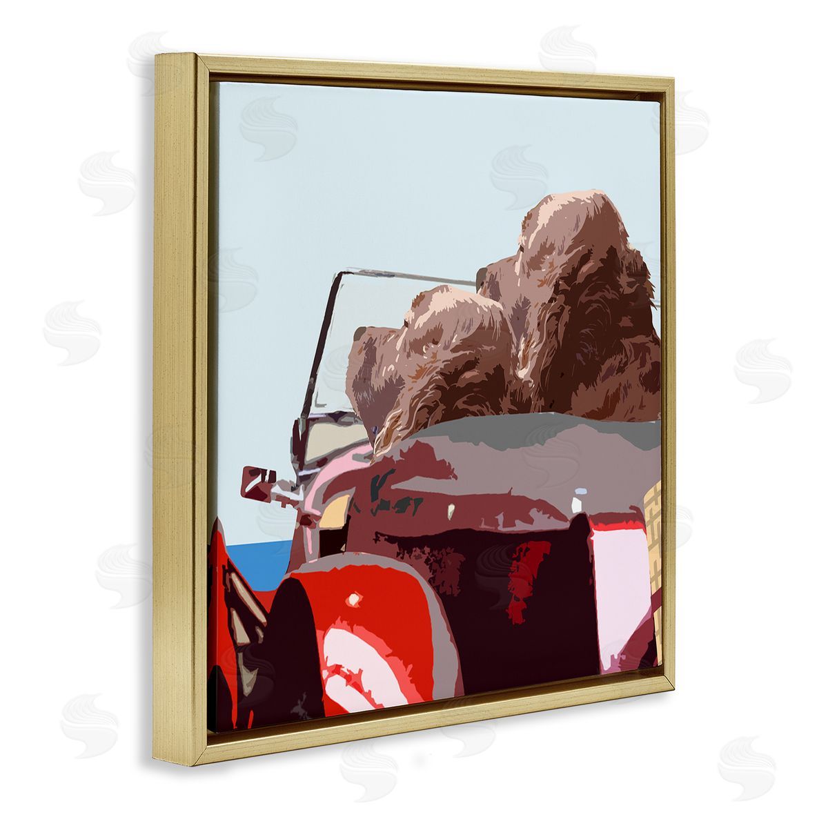 Noah Bay Dogs Driving Convertible Car Clear Blue Sky  Gold Floating Frame Canvas Wall Art Print