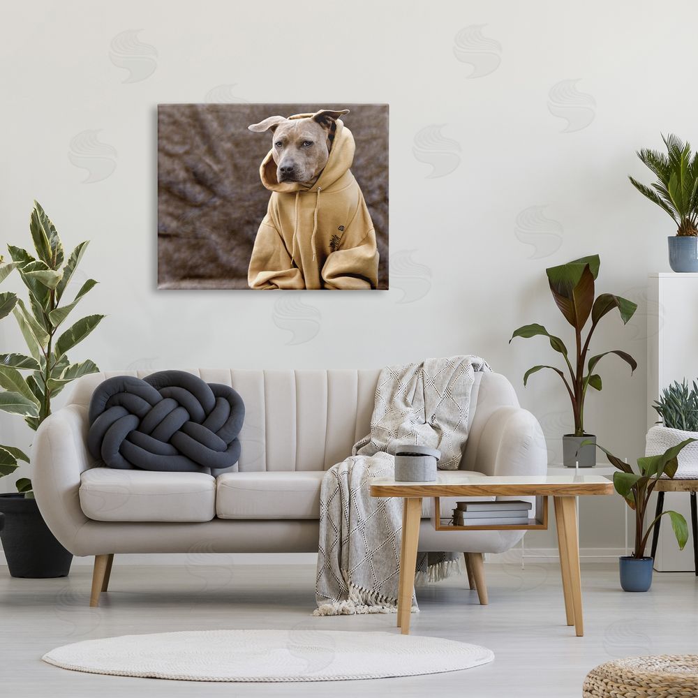 Michael Brian Beautiful Dog Wearing Cozy Yellow Hoodie Photography Canvas Wall Art Print in Room