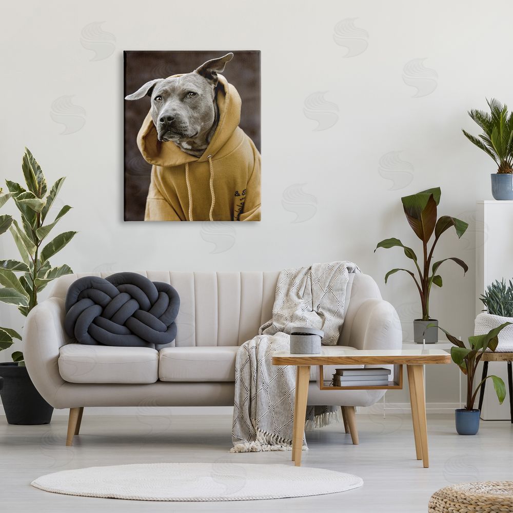 Michael Brian Smiling Labrador Dog Wearing Hooded Yellow Sweatshirt  Canvas Wall Art Print in Room