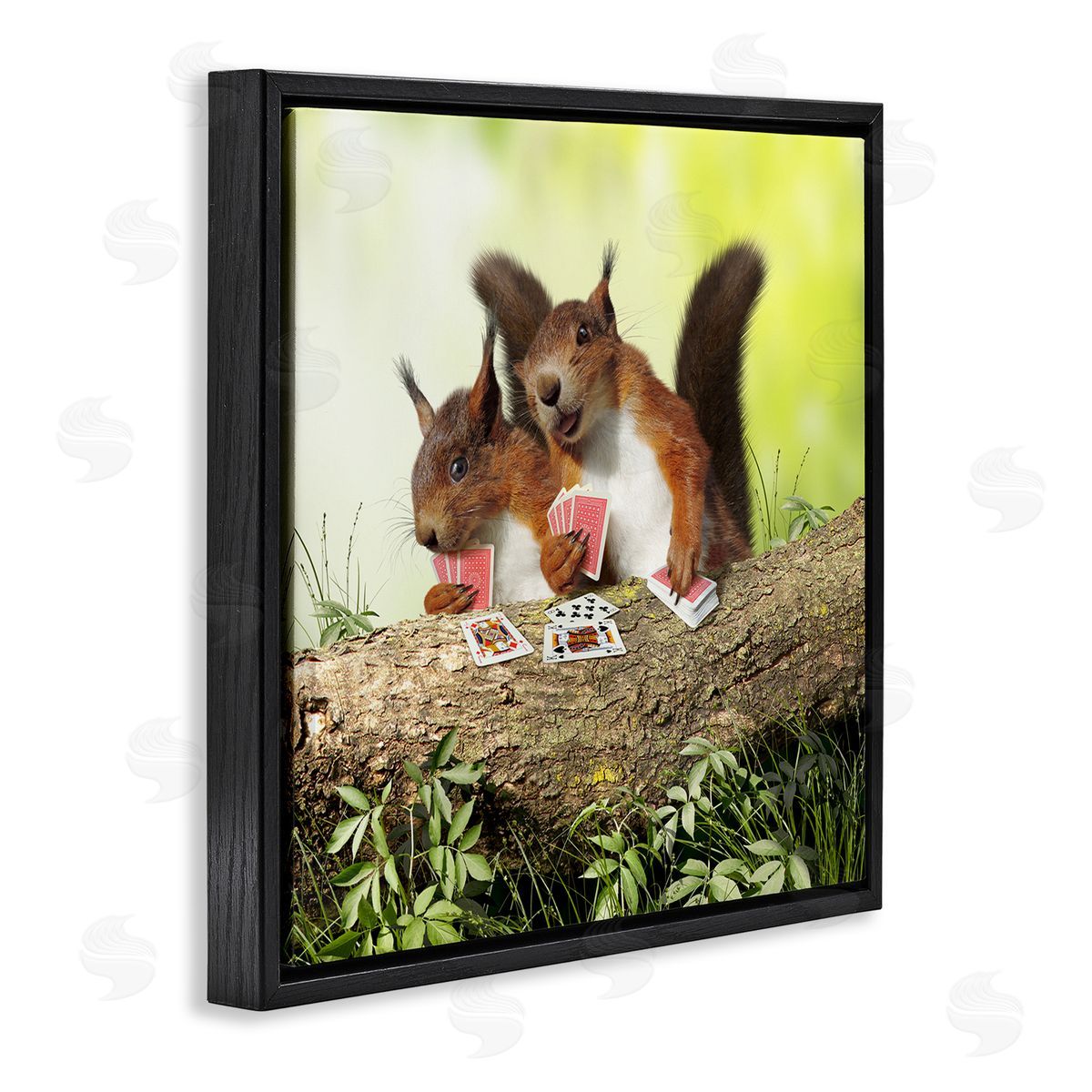Chiara Silly Squirrels Playing Card Games Tree Branch Black Floating Frame Canvas Wall Art Print