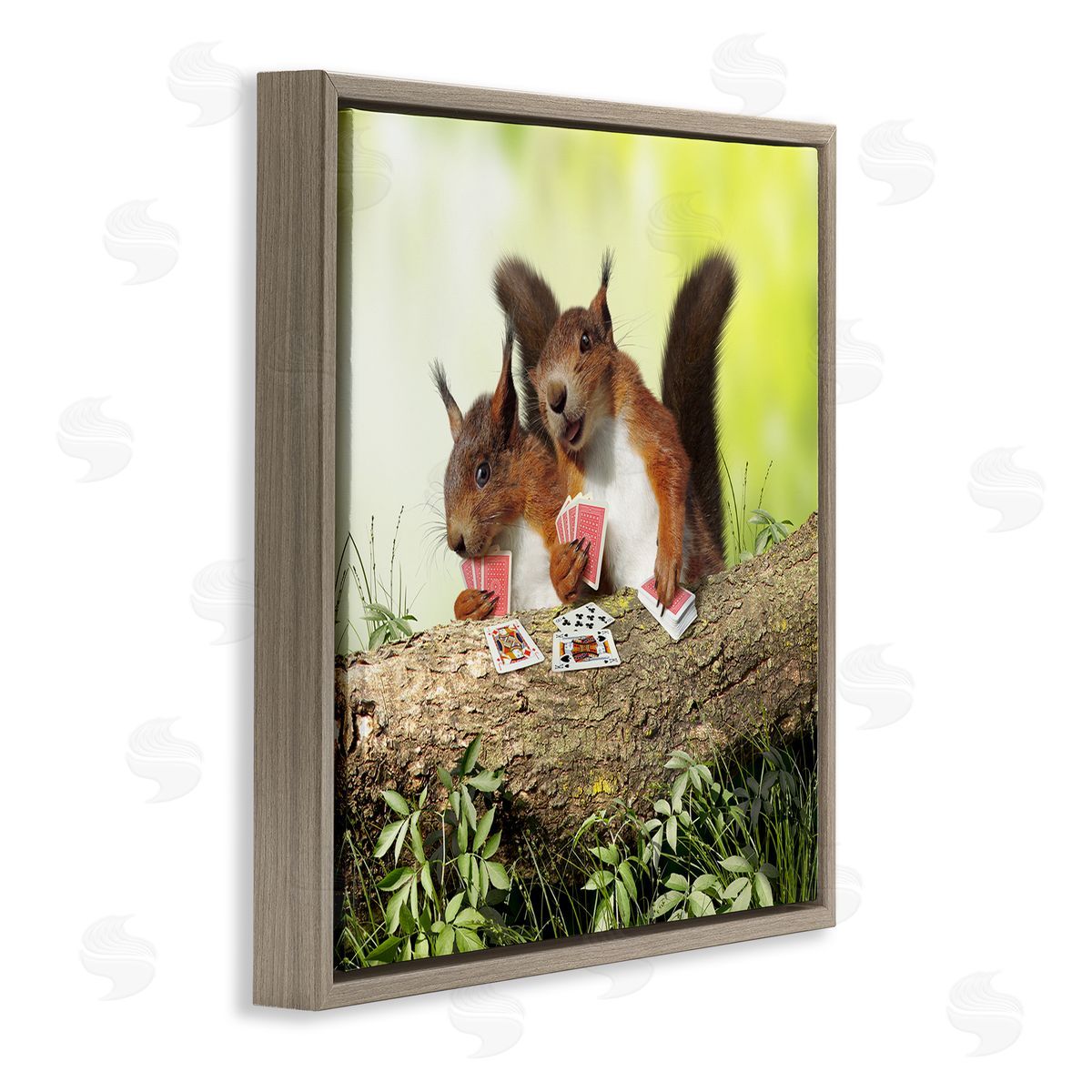 Chiara Silly Squirrels Playing Card Games Tree Branch Brown Floating Frame Canvas Wall Art Print