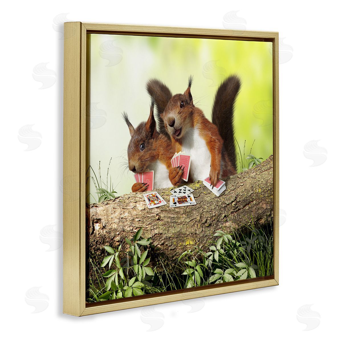 Chiara Silly Squirrels Playing Card Games Tree Branch Gold Floating Frame Canvas Wall Art Print