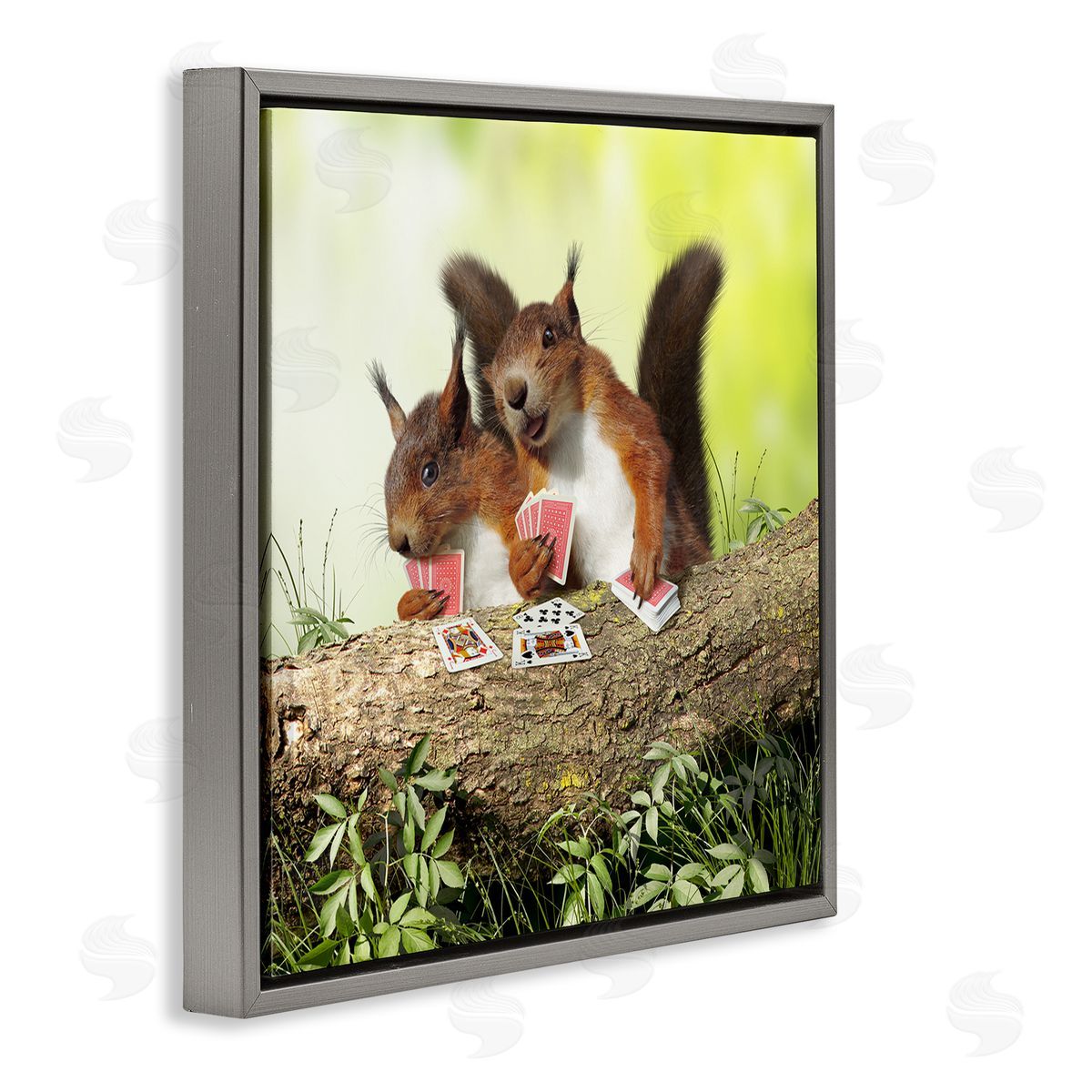 Chiara Silly Squirrels Playing Card Games Tree Branch Gray Floating Frame Canvas Wall Art Print
