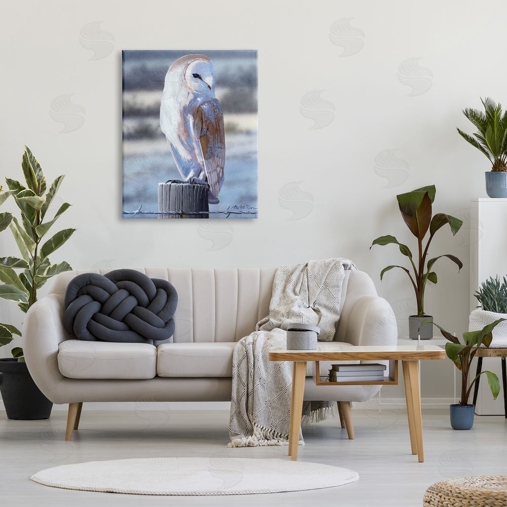 Alan Weston Serene Barn Owl Perched Snow Dusted Fence Canvas Wall Art Print in Room