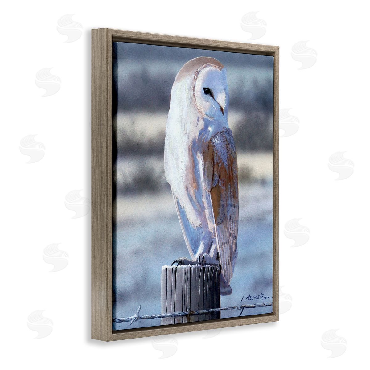 Alan Weston Serene Barn Owl Perched Snow Dusted Fence Brown Floating Frame Canvas Wall Art Print