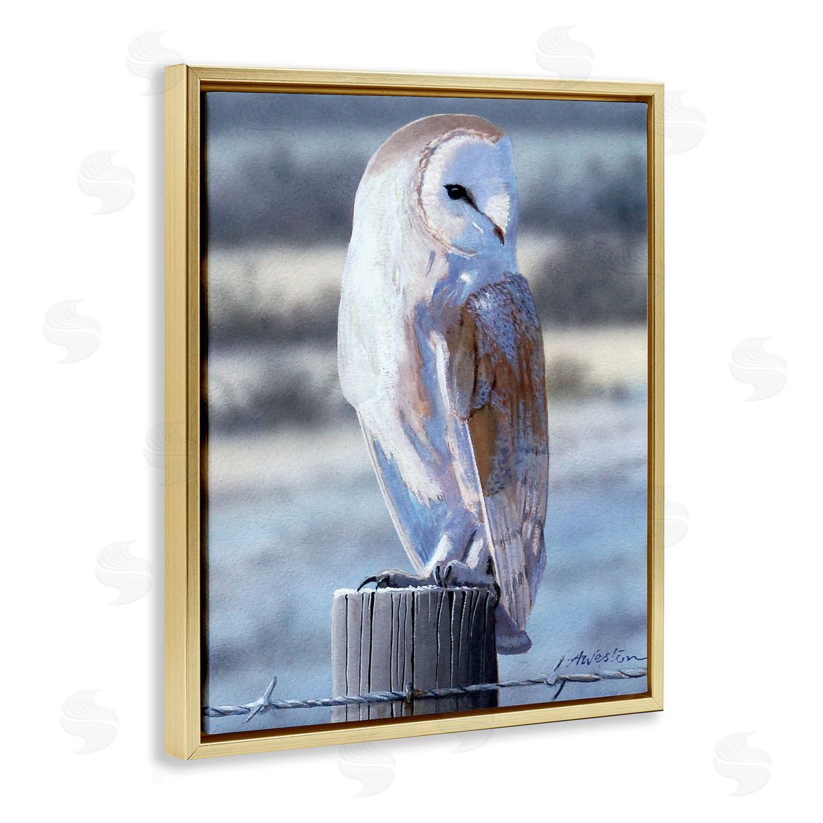Alan Weston Serene Barn Owl Perched Snow Dusted Fence Gold Floating Frame Canvas Wall Art Print