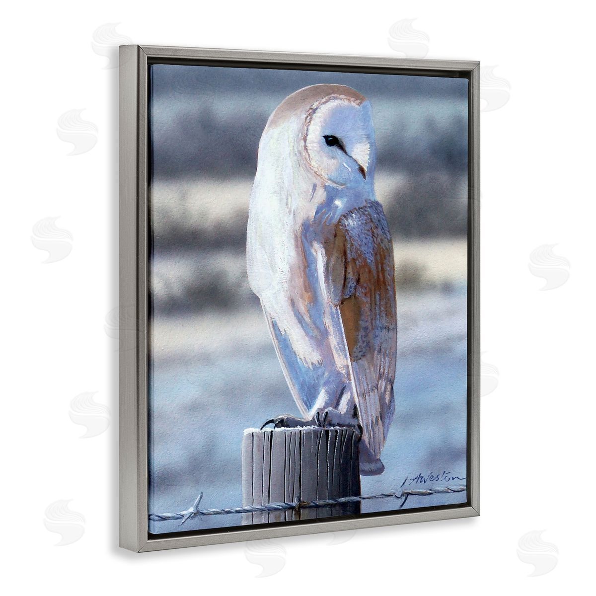 Alan Weston Serene Barn Owl Perched Snow Dusted Fence Gray Floating Frame Canvas Wall Art Print