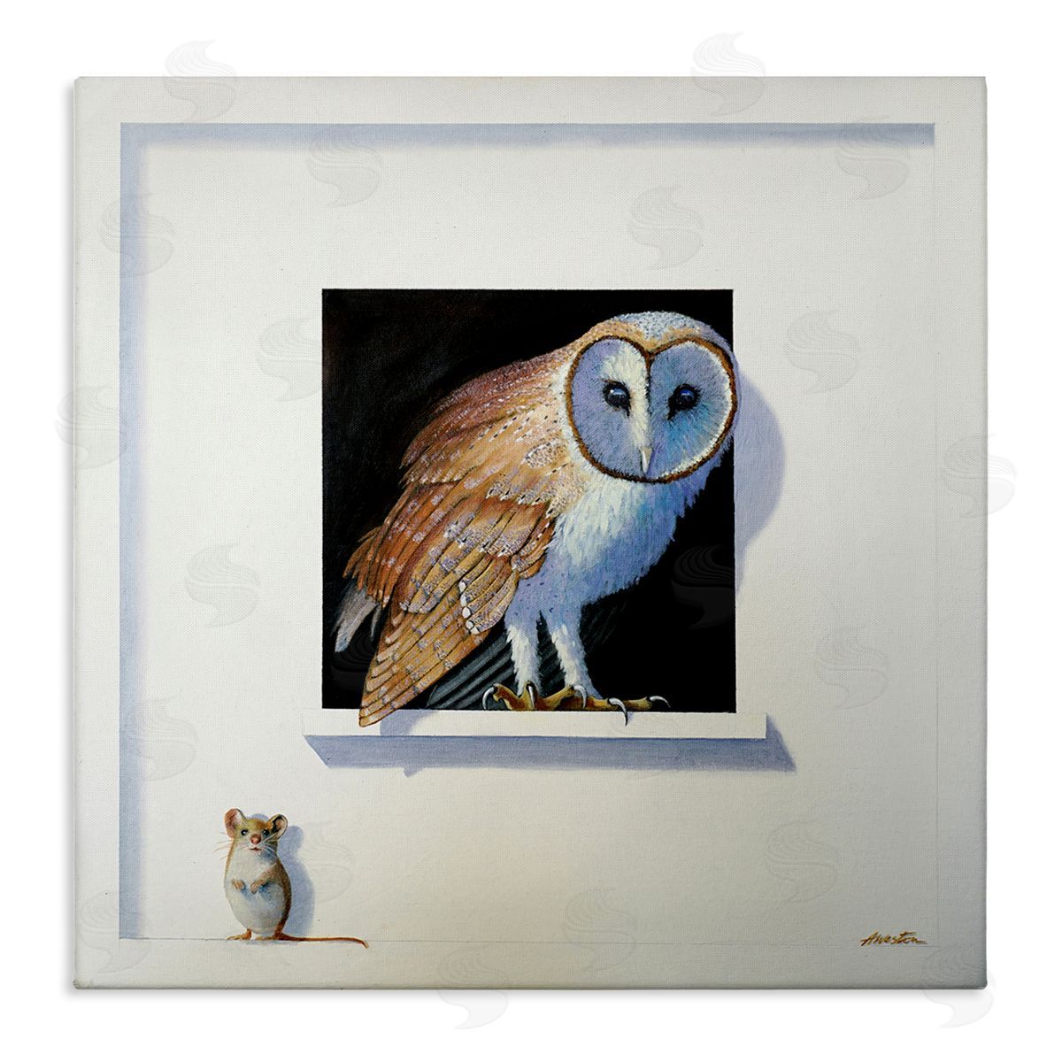 Alan Weston Barn Owl Peeking Little Hiding Mouse Painting Stretched Canvas Wall Art Print