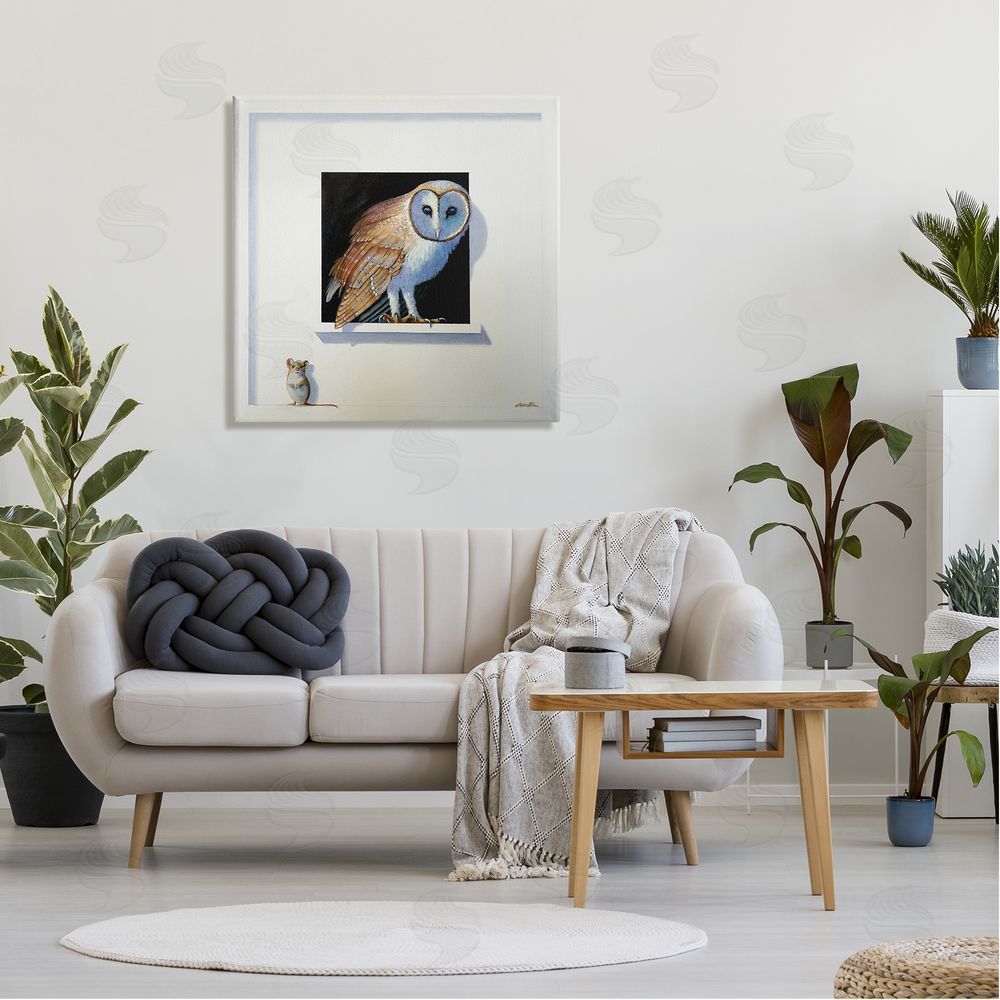 Alan Weston Barn Owl Peeking Little Hiding Mouse Painting Canvas Wall Art in Room