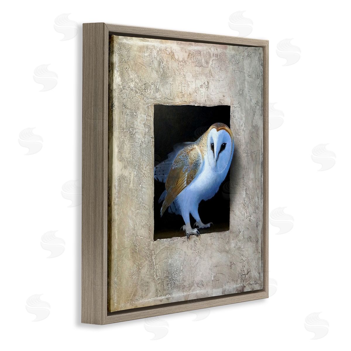Mysterious Barn Owl Peering Brown Floating Frame Canvas Wall Art, Home Decor by Alan Weston