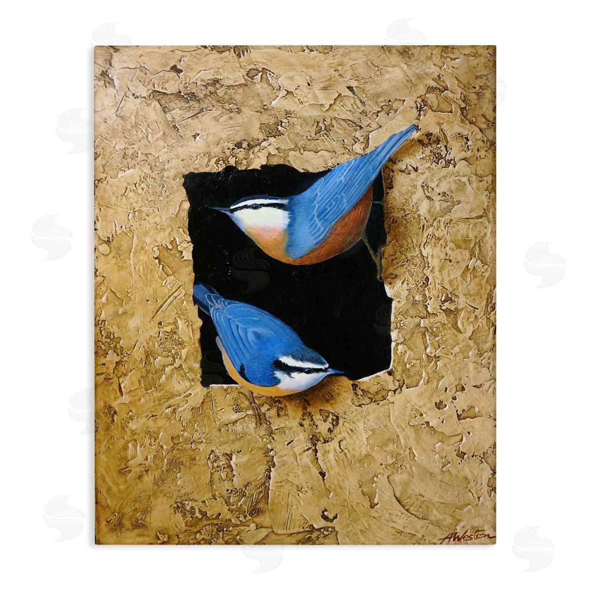 Alan Weston Blue Bird Pair Perched Rough Layered Structure Stretched Canvas Wall Art Print