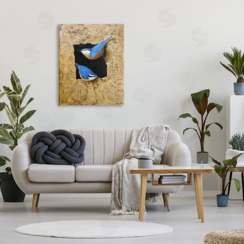 Alan Weston Blue Bird Pair Perched Rough Layered Structure Canvas Wall Art Print in Room