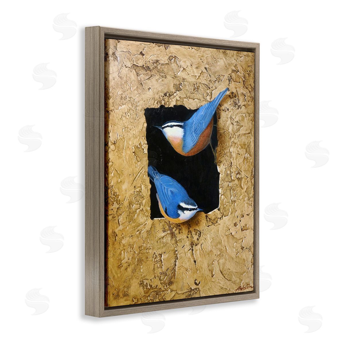Alan Weston Blue Bird Pair Perched Rough Layered Structure Brown Floating Frame Canvas Wall Art Print