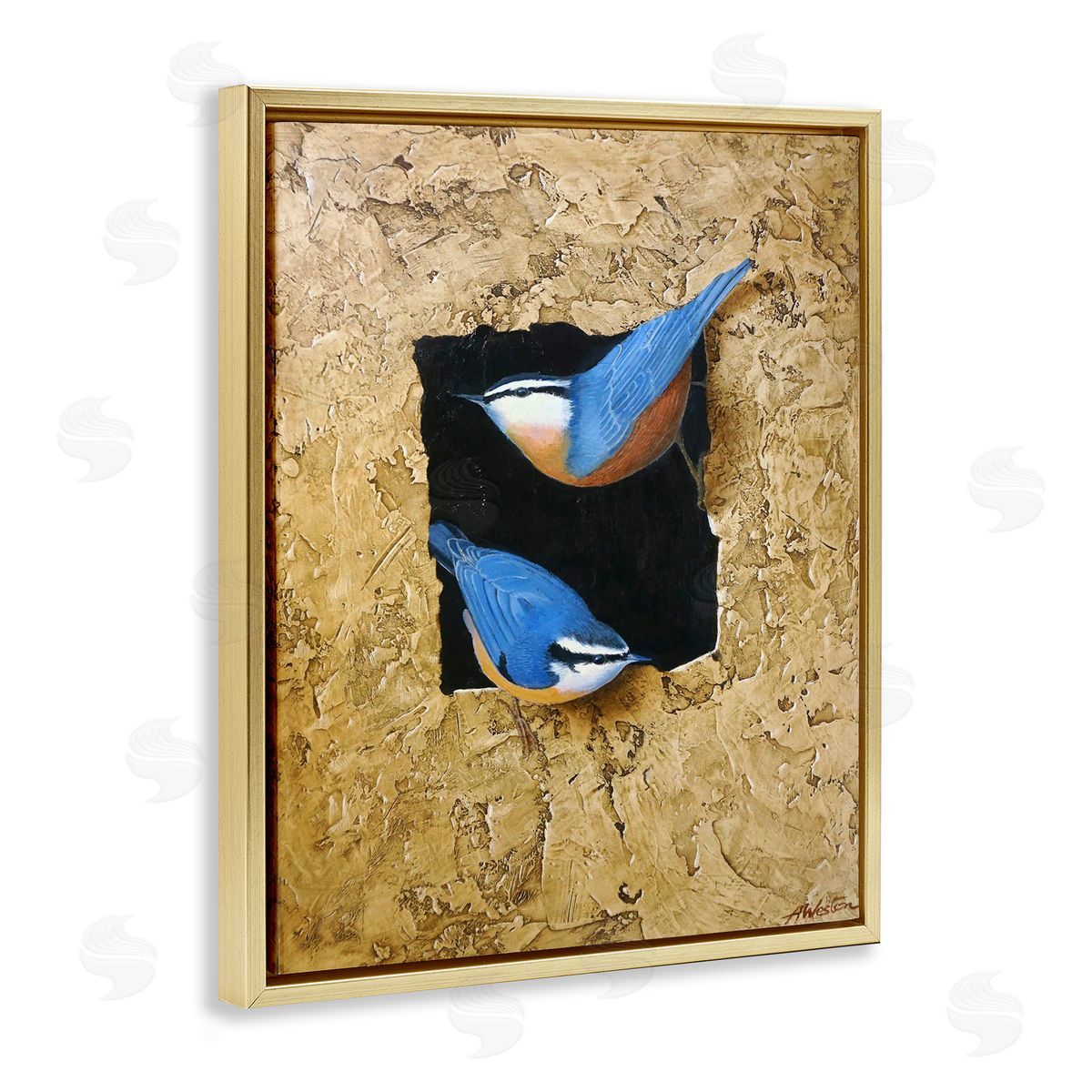 Alan Weston Blue Bird Pair Perched Rough Layered Structure Gold Floating Frame Canvas Wall Art Print