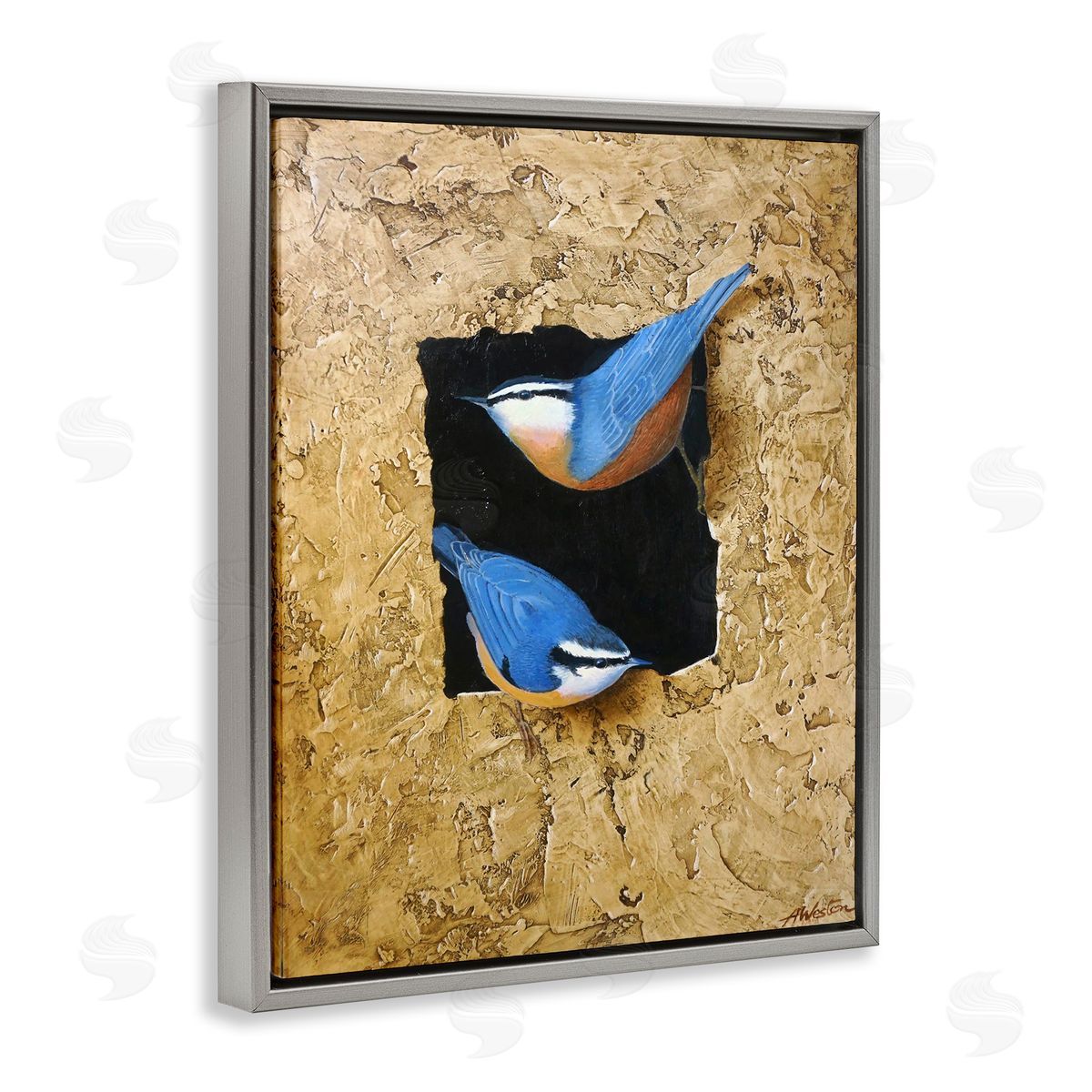 Alan Weston Blue Bird Pair Perched Rough Layered Structure Gray Floating Frame Canvas Wall Art Print
