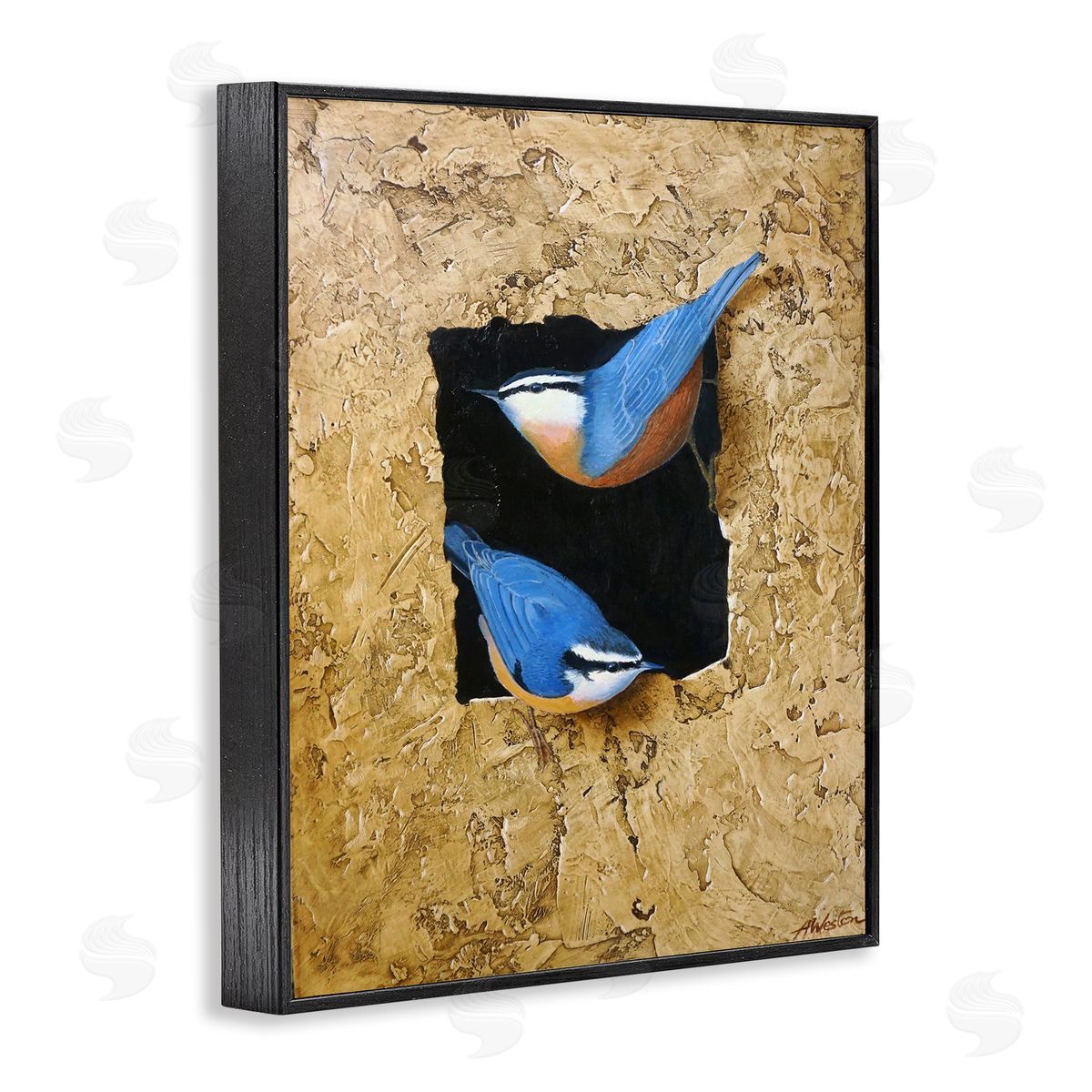 Alan Weston Blue Bird Pair Perched Rough Layered Structure Black Framed Giclee Wall Art Print