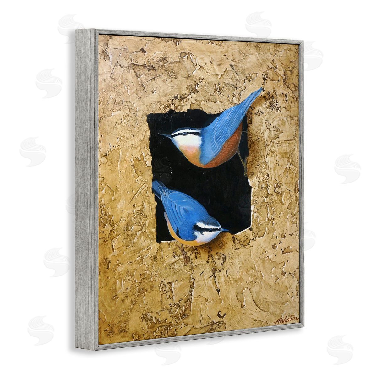Alan Weston Blue Bird Pair Perched Rough Layered Structure Gray Framed Giclee Wall Art Print