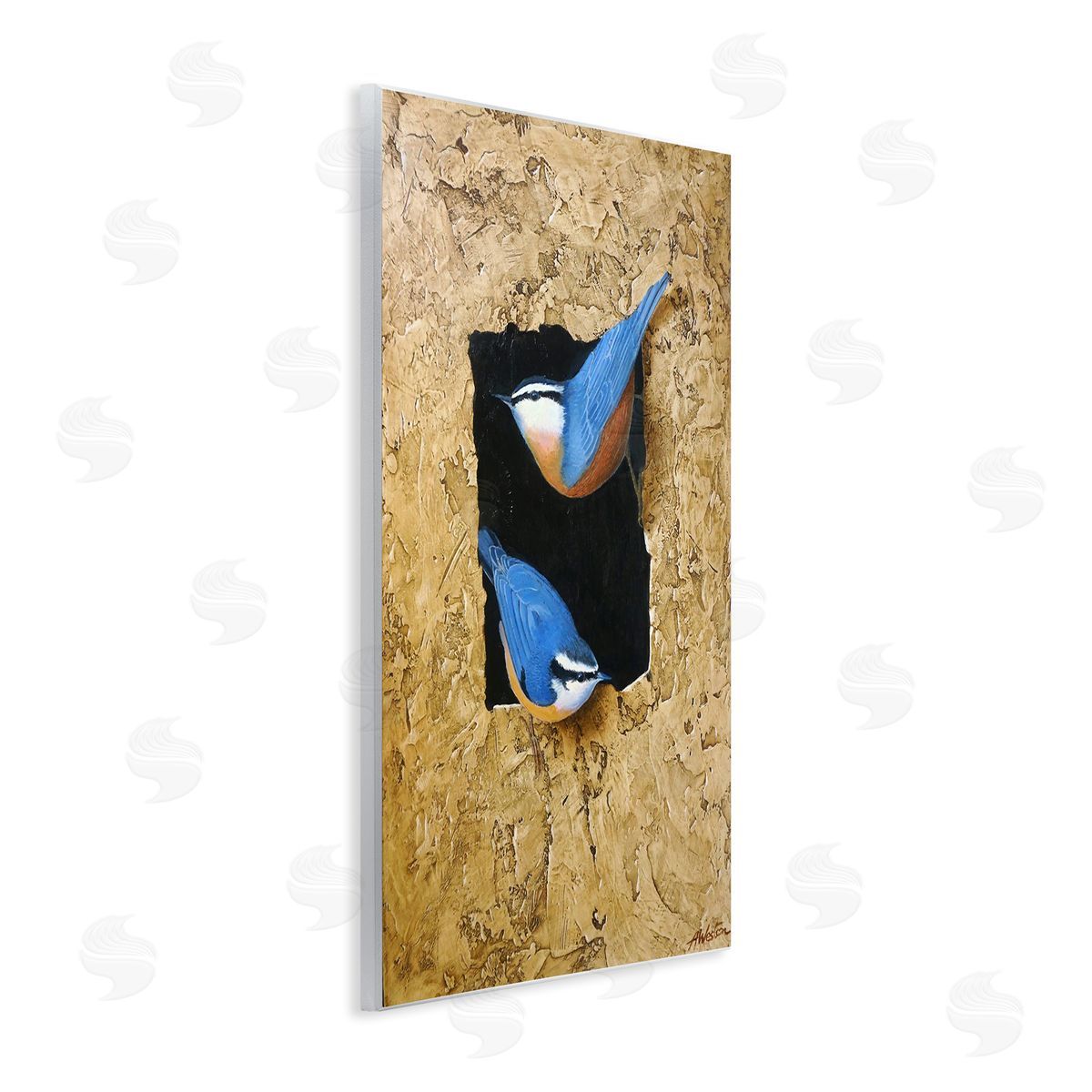 Alan Weston Blue Bird Pair Perched Rough Layered Structure Wall Plaque Art Print