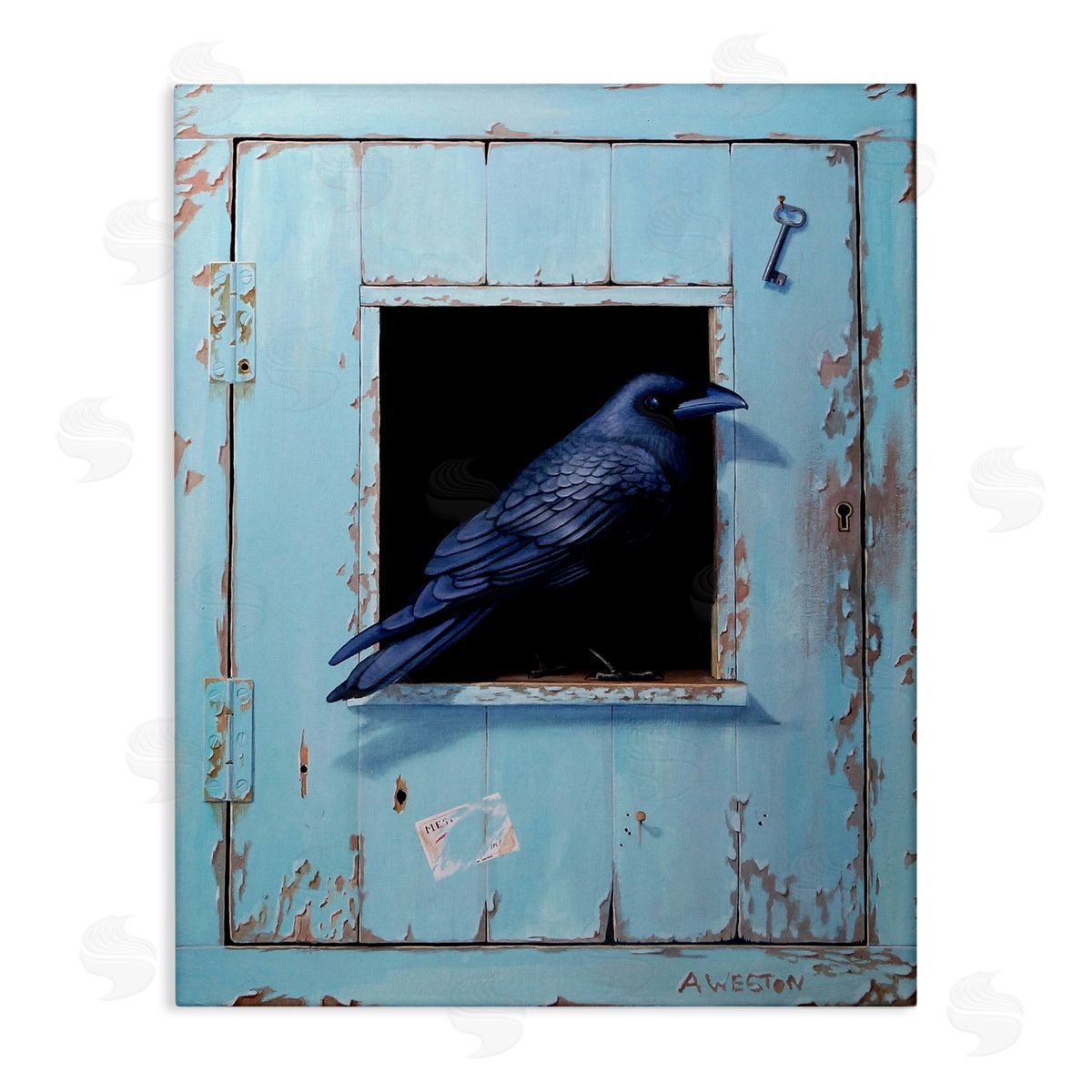 Alan Weston Crow Perched Rustic Blue Door Hanging Key  Stretched Canvas Wall Art Print