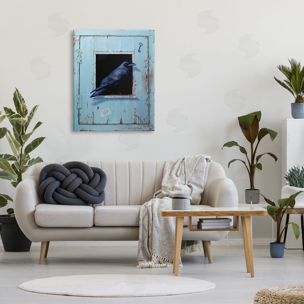 Alan Weston Crow Perched Rustic Blue Door Hanging Key  Canvas Wall Art Print in Room