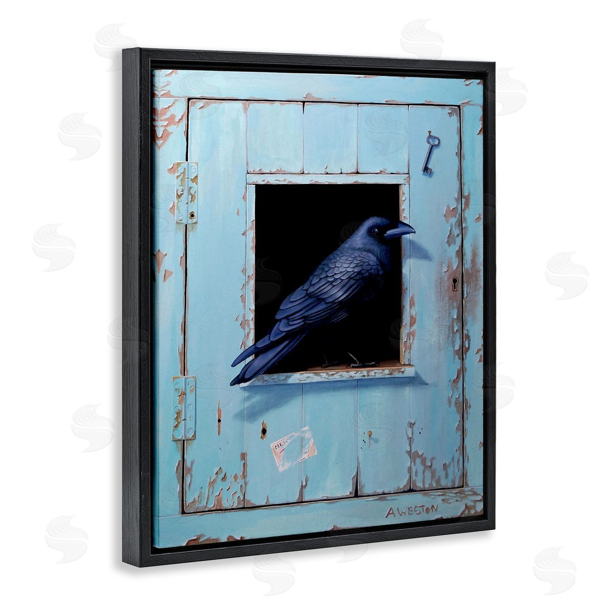 Alan Weston Crow Perched Rustic Blue Door Hanging Key  Black Floating Frame Canvas Wall Art Print