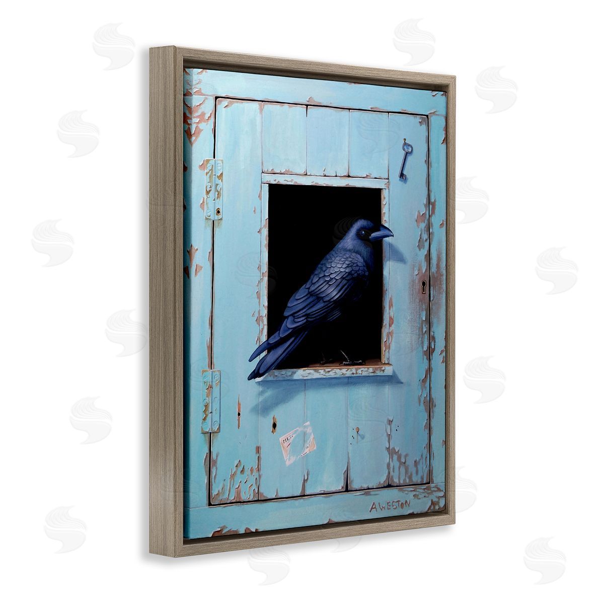 Alan Weston Crow Perched Rustic Blue Door Hanging Key  Brown Floating Frame Canvas Wall Art Print