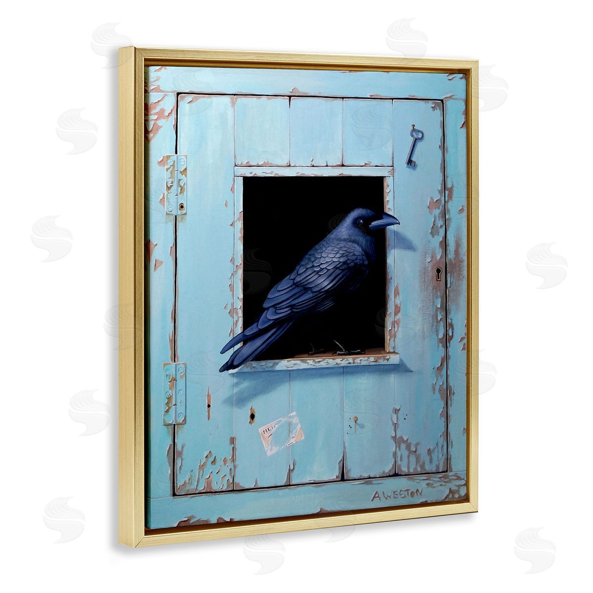 Alan Weston Crow Perched Rustic Blue Door Hanging Key  Gold Floating Frame Canvas Wall Art Print
