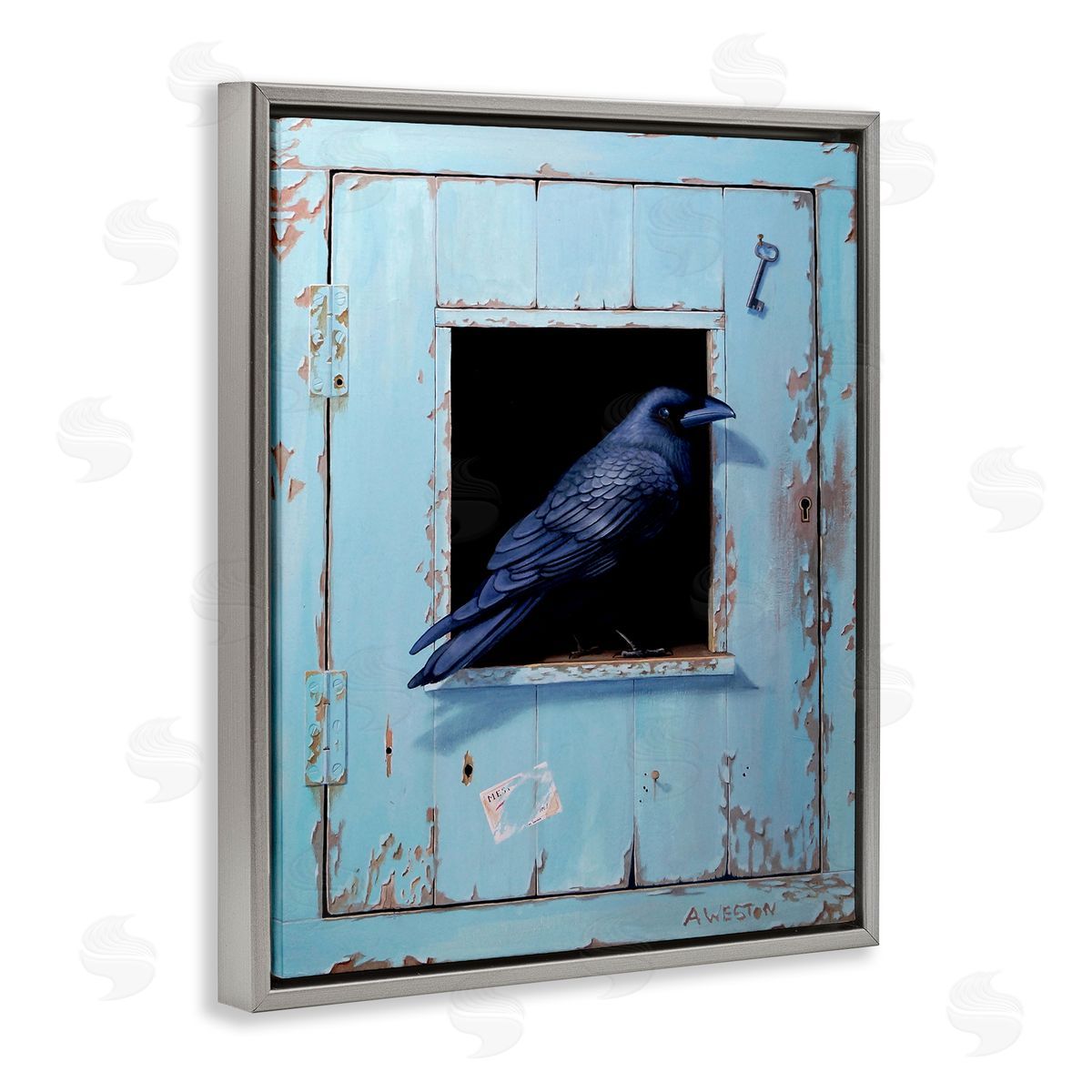 Alan Weston Crow Perched Rustic Blue Door Hanging Key  Gray Floating Frame Canvas Wall Art Print