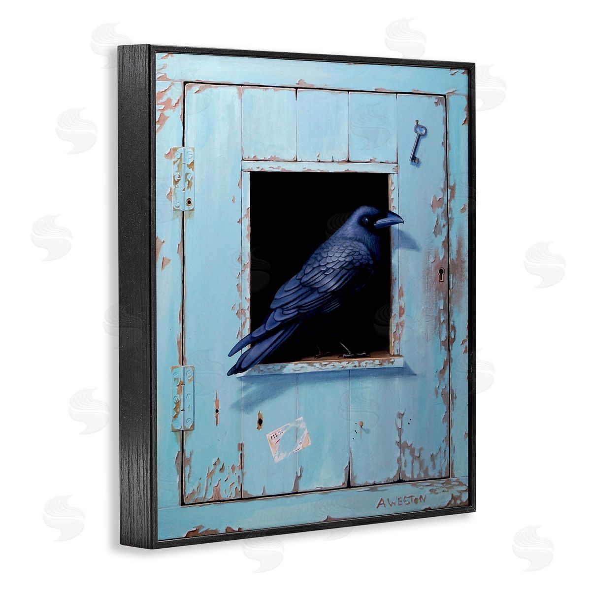 Alan Weston Crow Perched Rustic Blue Door Hanging Key  Black Framed Giclee Wall Art Print