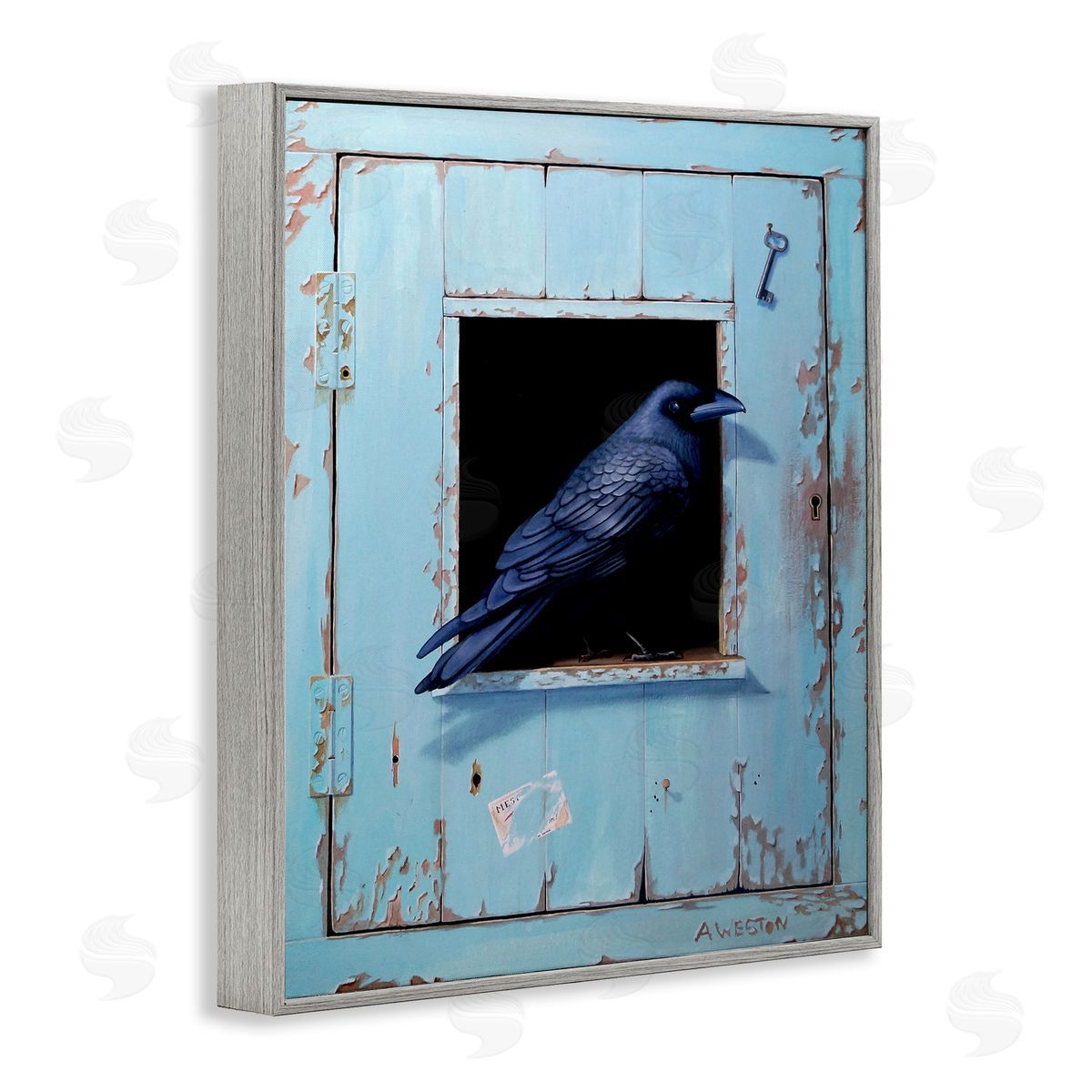 Alan Weston Crow Perched Rustic Blue Door Hanging Key  Gray Framed Giclee Wall Art Print