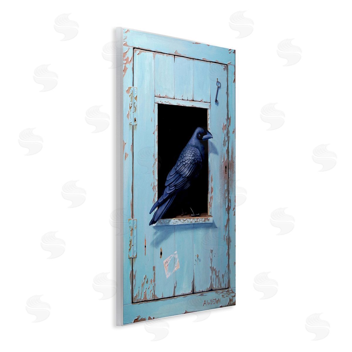 Alan Weston Crow Perched Rustic Blue Door Hanging Key  Wall Plaque Art Print