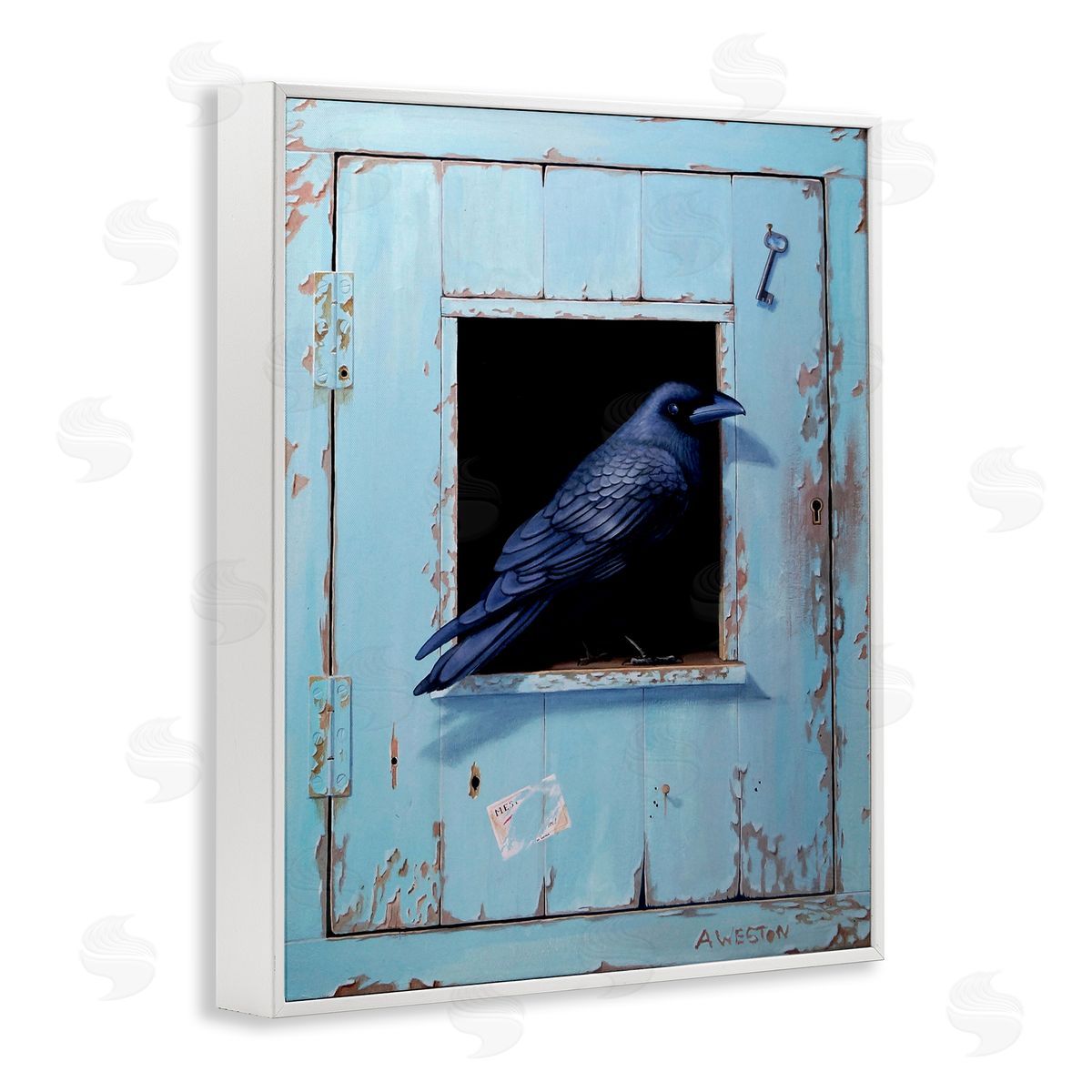 Alan Weston Crow Perched Rustic Blue Door Hanging Key  White Framed Giclee Wall Art Print