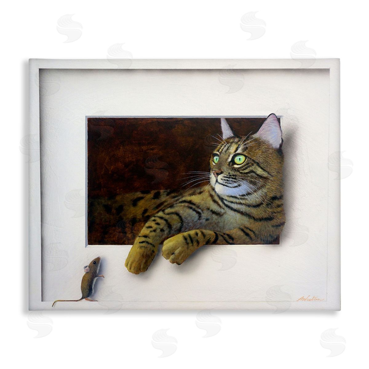 Alan Weston Manx Cat Resting Curious Mouse Peering Illusion Stretched Canvas Wall Art Print