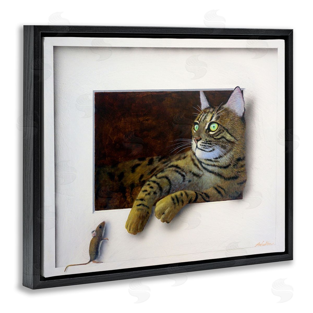 Alan Weston Manx Cat Resting Curious Mouse Peering Illusion Black Floating Frame Canvas Wall Art Print