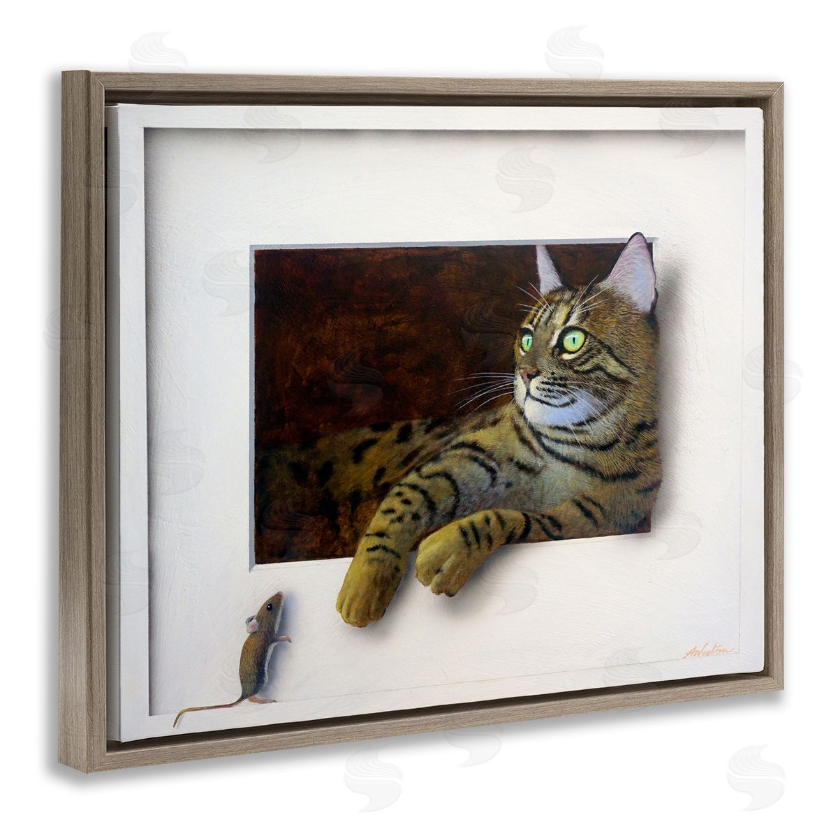Alan Weston Manx Cat Resting Curious Mouse Peering Illusion Brown Floating Frame Canvas Wall Art Print
