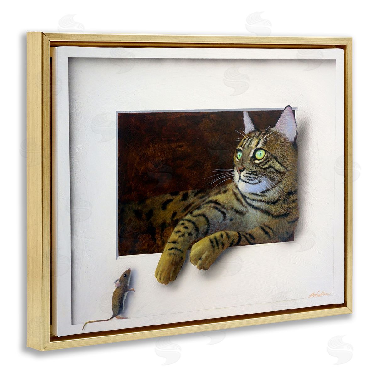 Alan Weston Manx Cat Resting Curious Mouse Peering Illusion Gold Floating Frame Canvas Wall Art Print