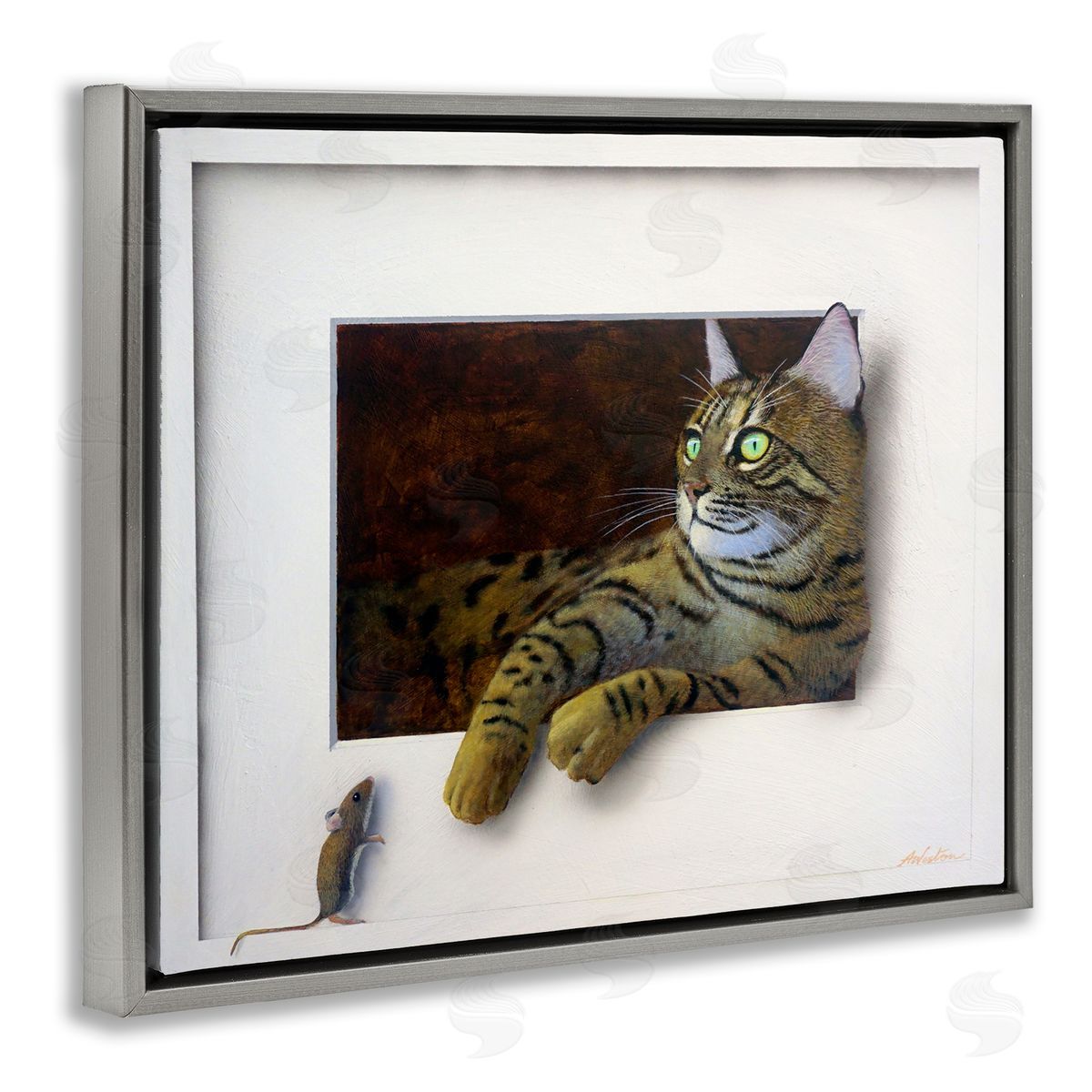 Alan Weston Manx Cat Resting Curious Mouse Peering Illusion Gray Floating Frame Canvas Wall Art Print