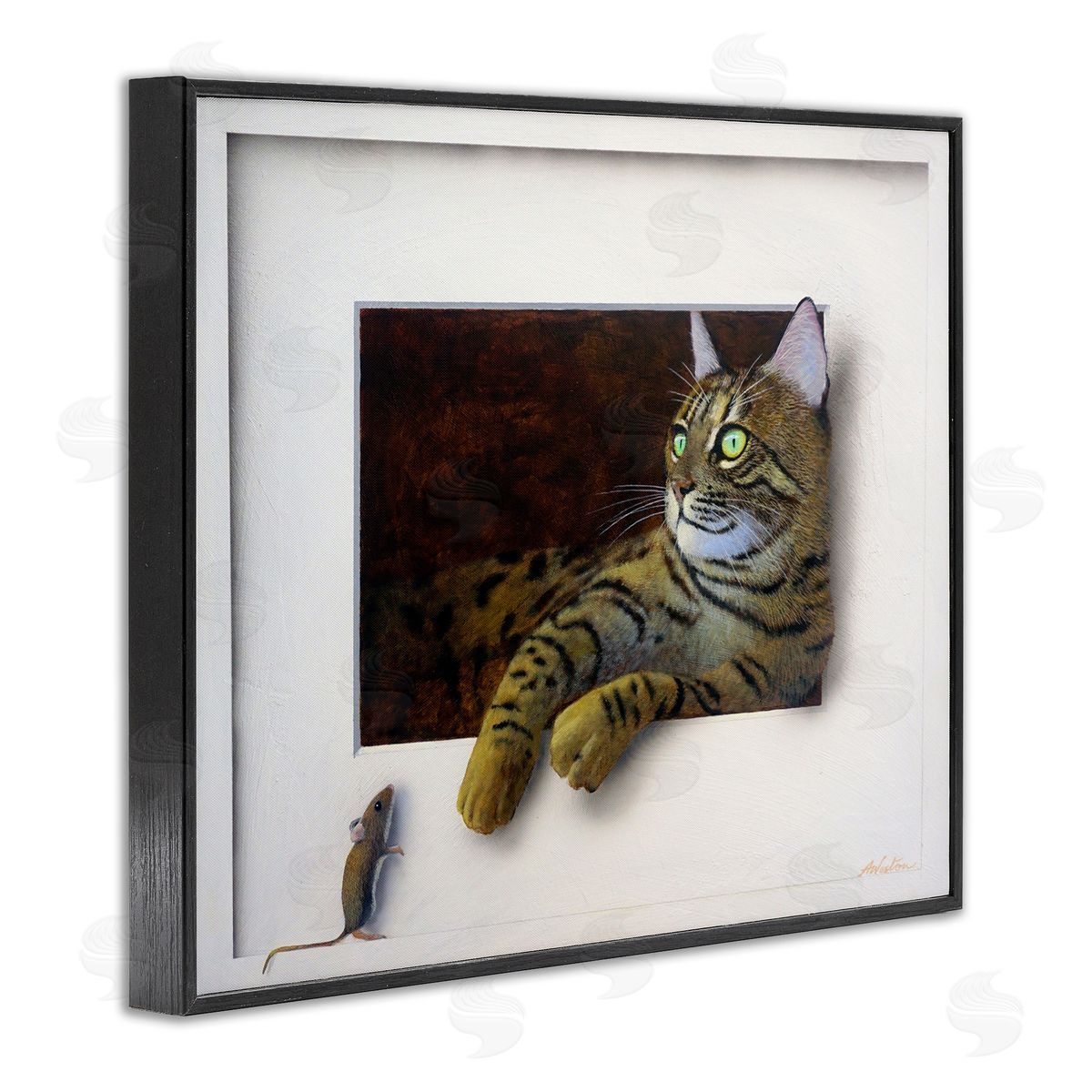 Alan Weston Manx Cat Resting Curious Mouse Peering Illusion Black Framed Giclee Wall Art Print