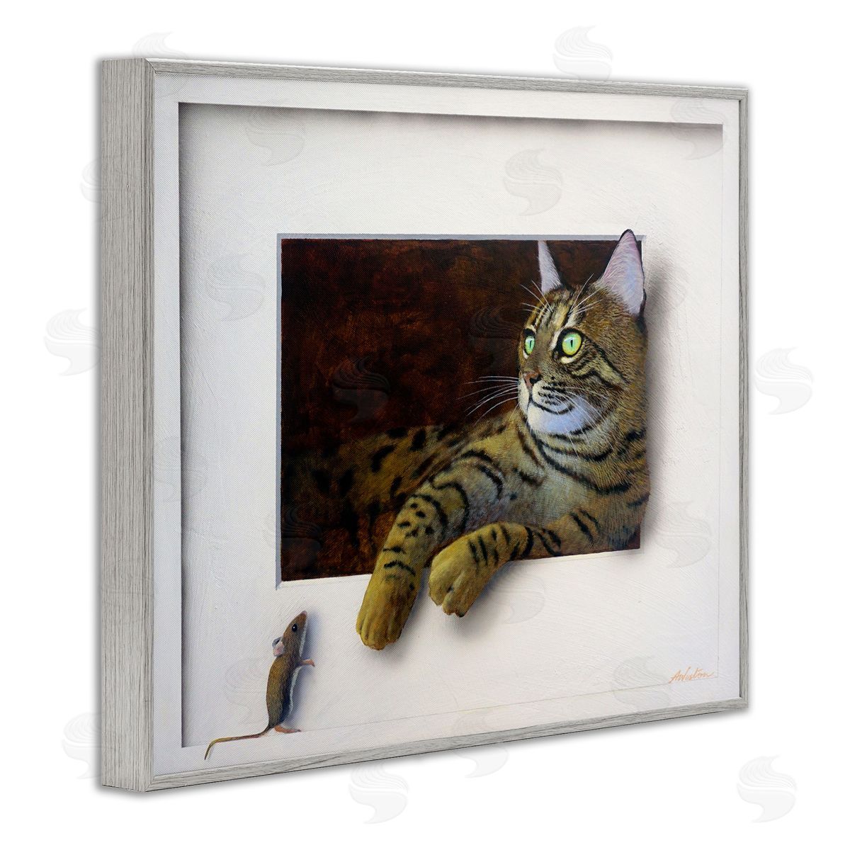 Alan Weston Manx Cat Resting Curious Mouse Peering Illusion Gray Framed Giclee Wall Art Print