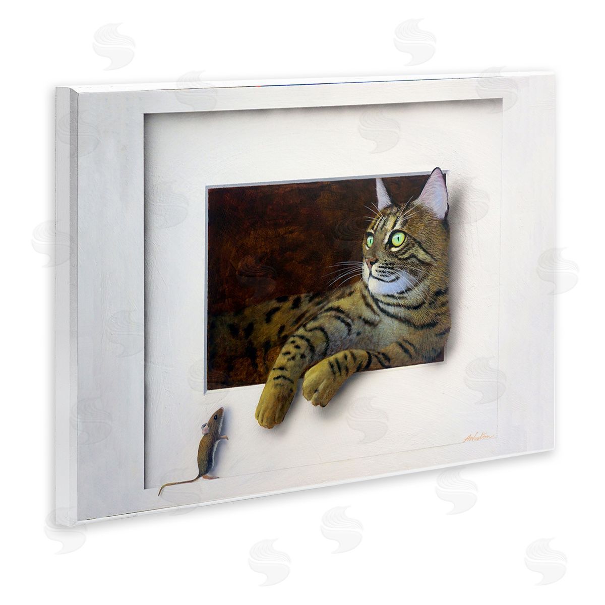 Alan Weston Manx Cat Resting Curious Mouse Peering Illusion Wall Plaque Art Print