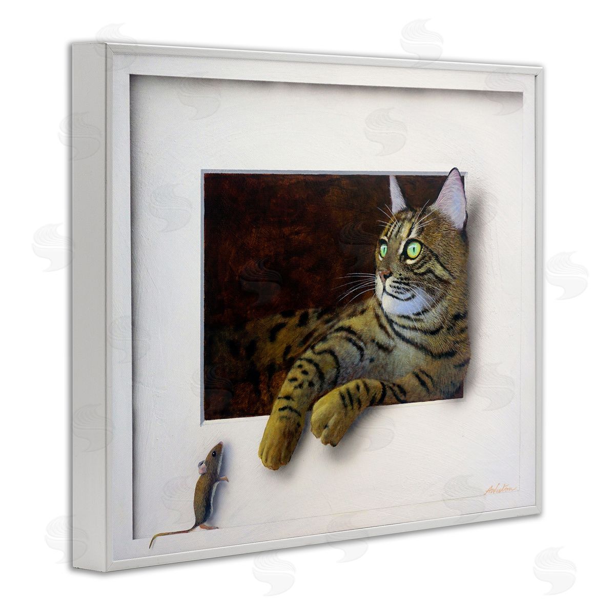 Alan Weston Manx Cat Resting Curious Mouse Peering Illusion White Framed Giclee Wall Art Print