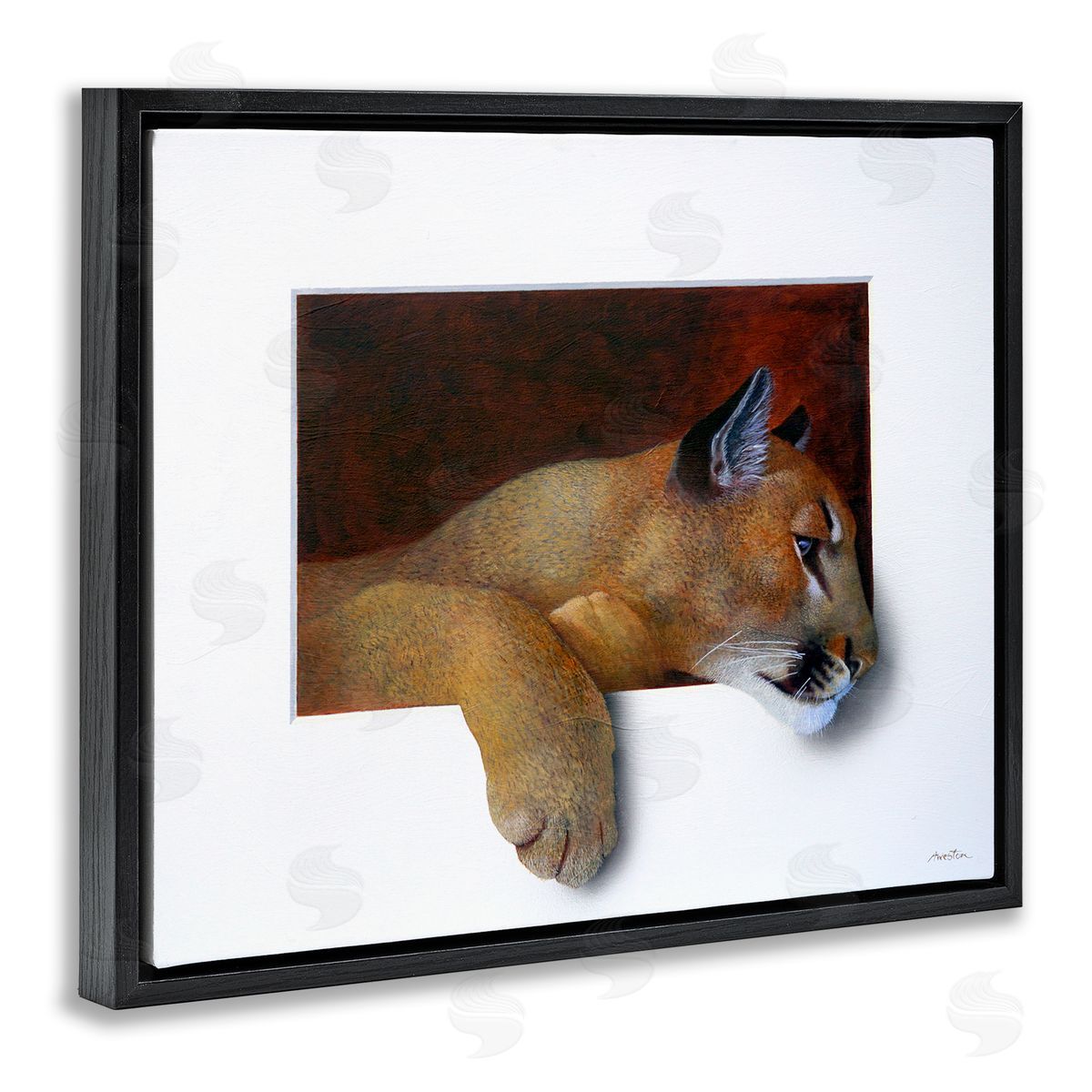 Alan Weston Wild Cougar Resting Head Interesting Illusion Painting Black Floating Frame Canvas Wall Art Print