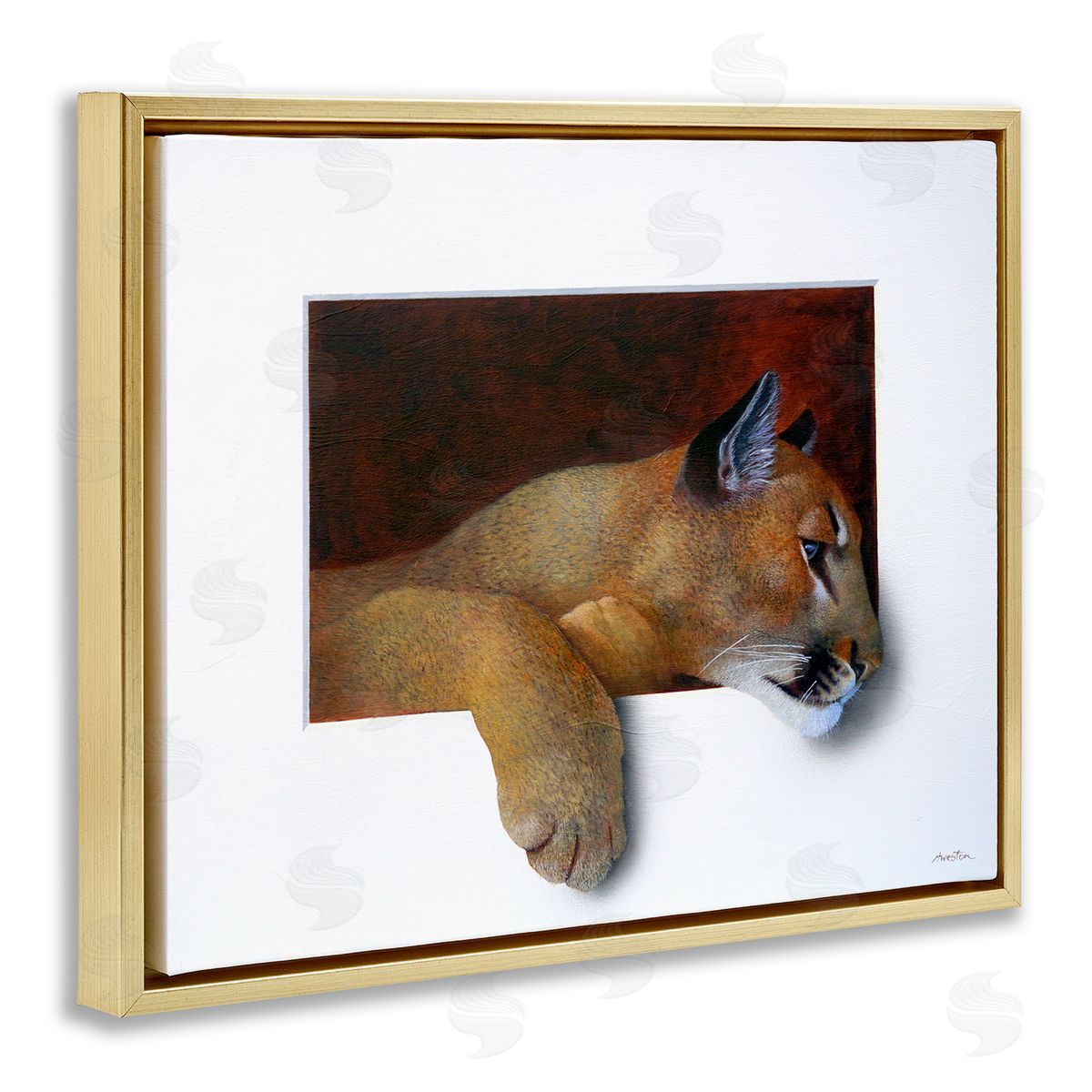 Alan Weston Wild Cougar Resting Head Interesting Illusion Painting Gold Floating Frame Canvas Wall Art Print