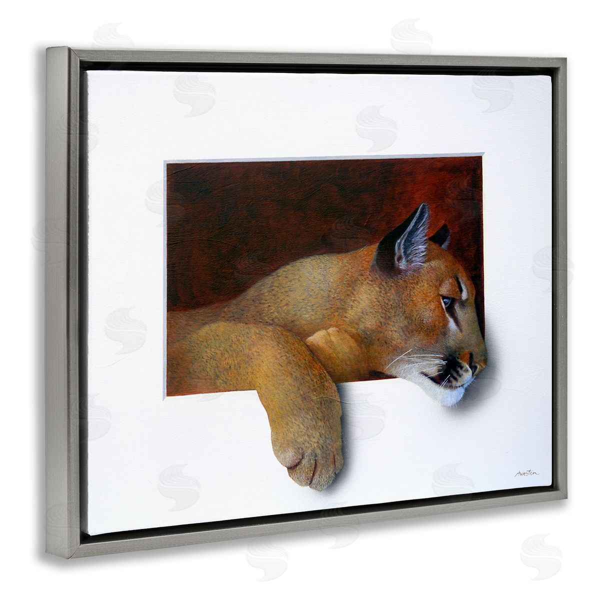 Alan Weston Wild Cougar Resting Head Interesting Illusion Painting Gray Floating Frame Canvas Wall Art Print