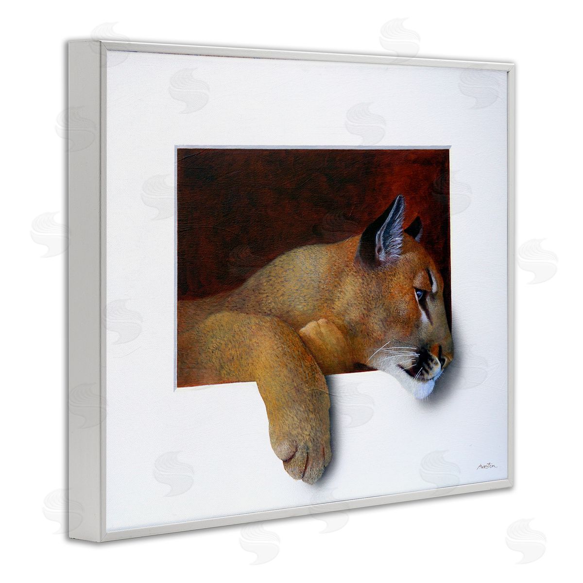 Alan Weston Wild Cougar Resting Head Interesting Illusion Painting White Framed Giclee Wall Art Print