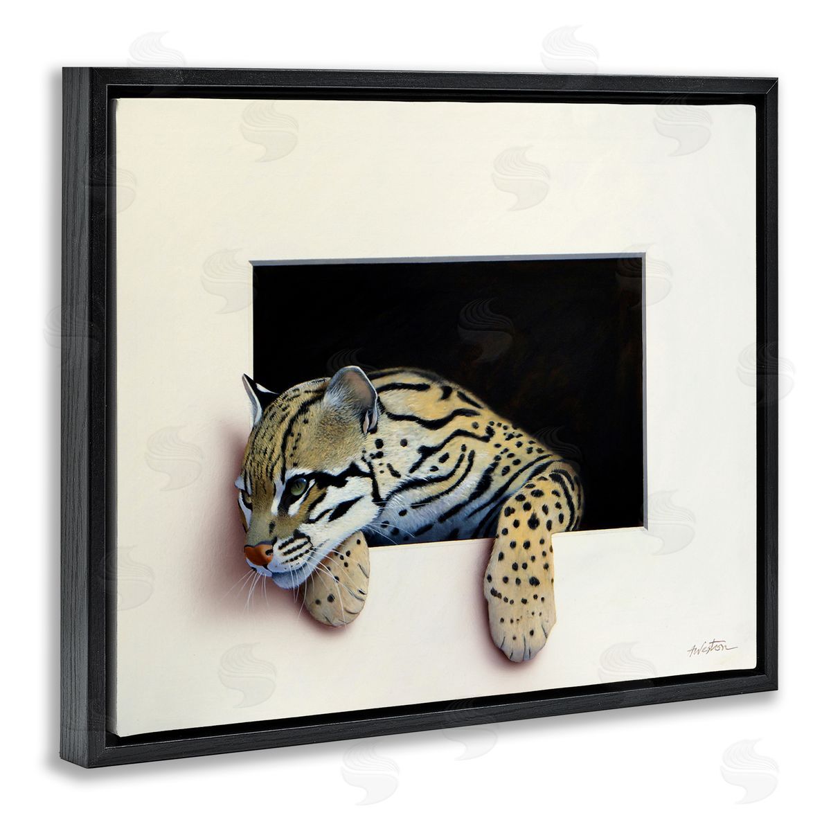 Alan Weston Wildlife Ocelot Resting Paws Cutout Illusion Black Floating Frame Canvas Wall Art Print