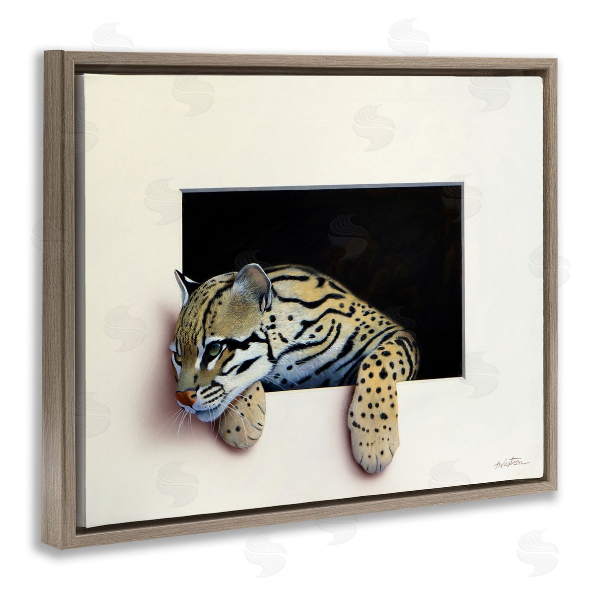 Alan Weston Wildlife Ocelot Resting Paws Cutout Illusion Brown Floating Frame Canvas Wall Art Print