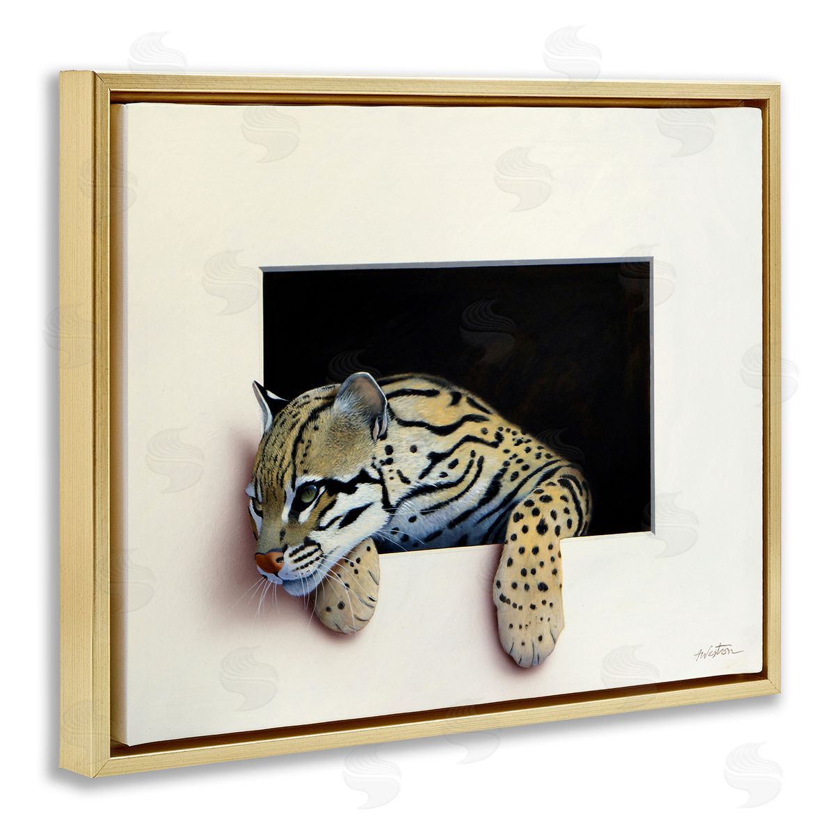 Alan Weston Wildlife Ocelot Resting Paws Cutout Illusion Gold Floating Frame Canvas Wall Art Print