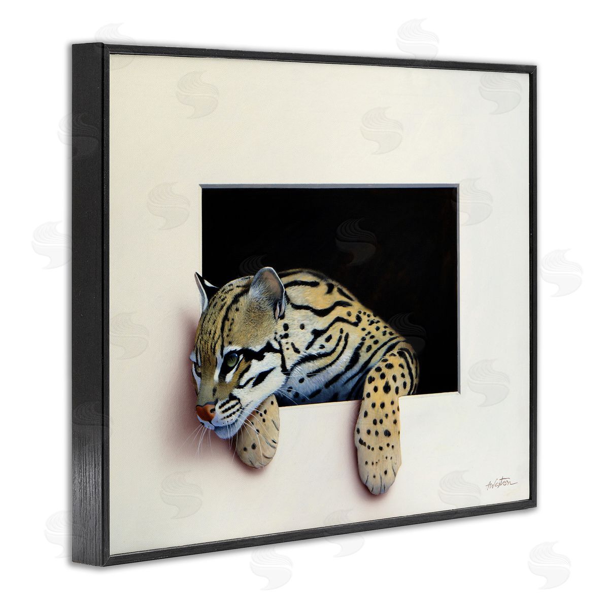 Alan Weston Wildlife Ocelot Resting Paws Cutout Illusion Black Framed Giclee Wall Art Print